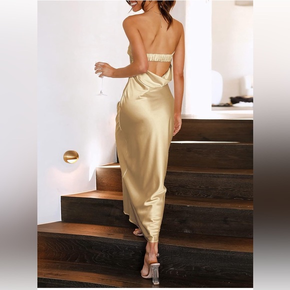 NWT Champagne Satin Strapless Tube Open Back Bodycon Cocktail Maxi Dresses - Picture 4 of 16